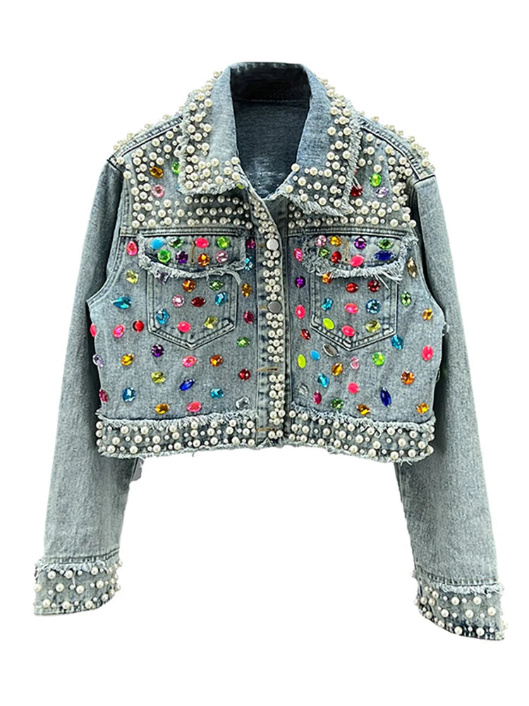 Women's Denim Coat Full Pearls & Beaded Crystal Long Sleeve Jacket 💎