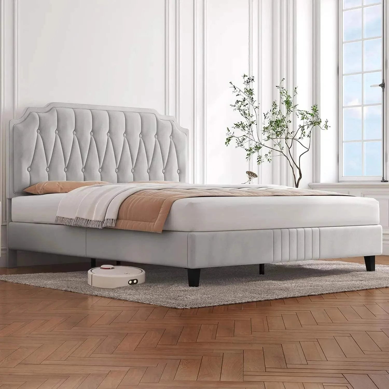 Bed Frame with Curved, Height-Adjustable Headboard & Noise-Free WoodenTransform your bedroom into a serene retreat with this modern bed frame, featuring a curved, height-adjustable headboard for ultimate comfort and style. The velvet fShop All I WantShop All I WantBed Frame