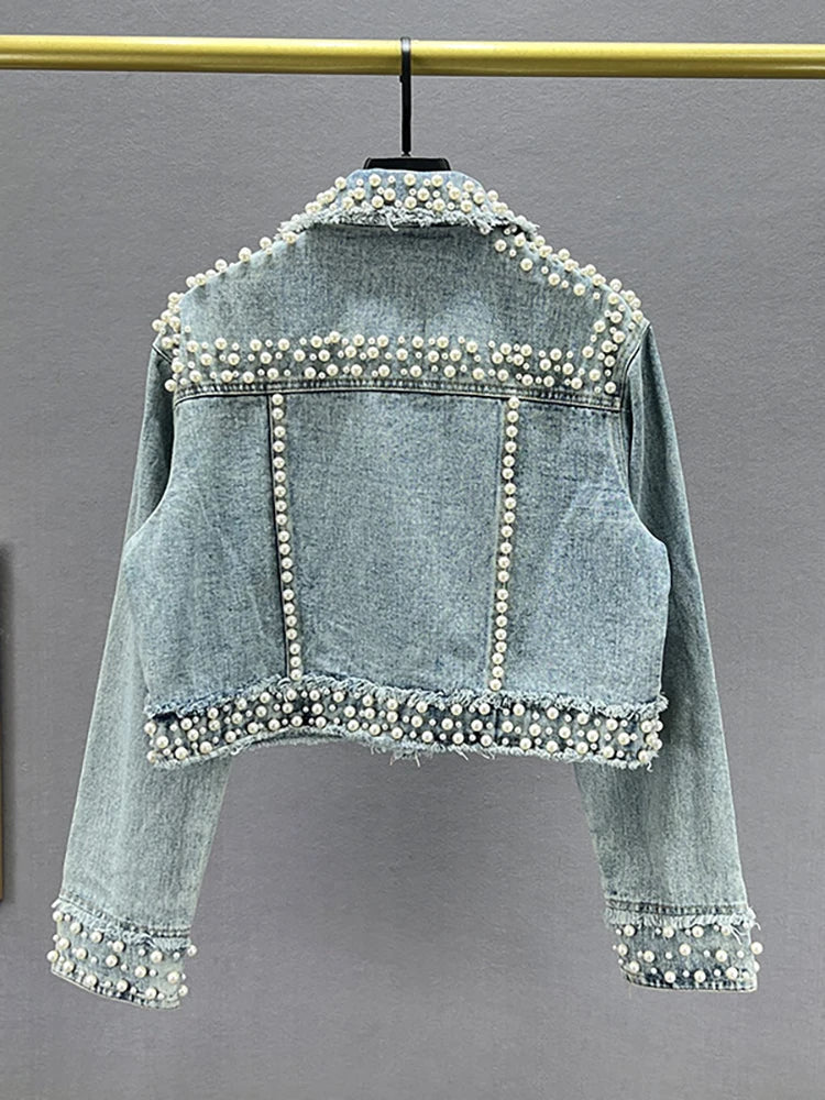 Women's Denim Coat Full Pearls & Beaded Crystal Long Sleeve Jacket 💎