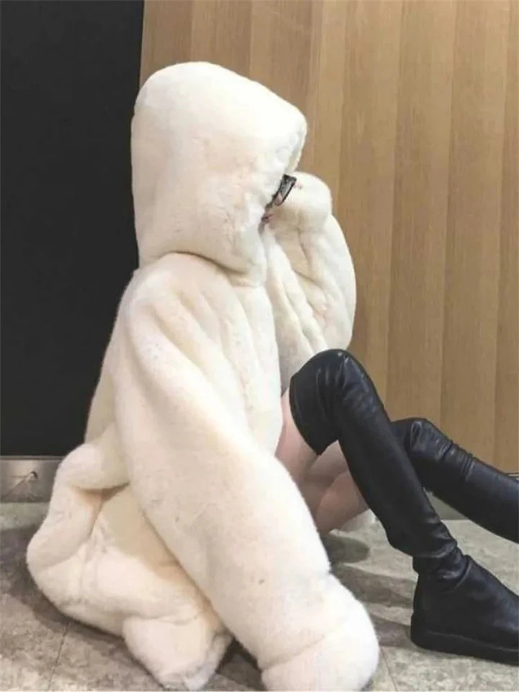 Hooded Faux Rabbit Fur Jacket – Loose Thicken Plush Coat for Women, Luxury Winter Furry Chaquetas ❄️✨