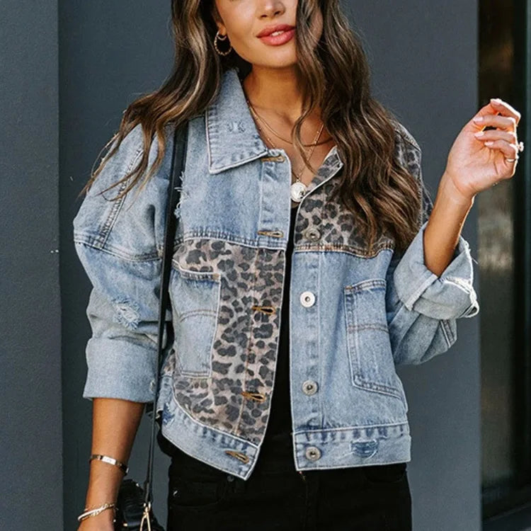 Leopard Stitching Denim Jacket for Women | Eeved Casual Outerwear 🌼