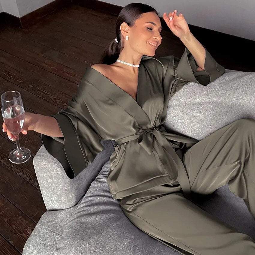 Shop All I Want Khaki / S SHOP ALL I WANT Comfortable 2-Piece Pajama Set: Smooth Silky Sleepwear 🌙