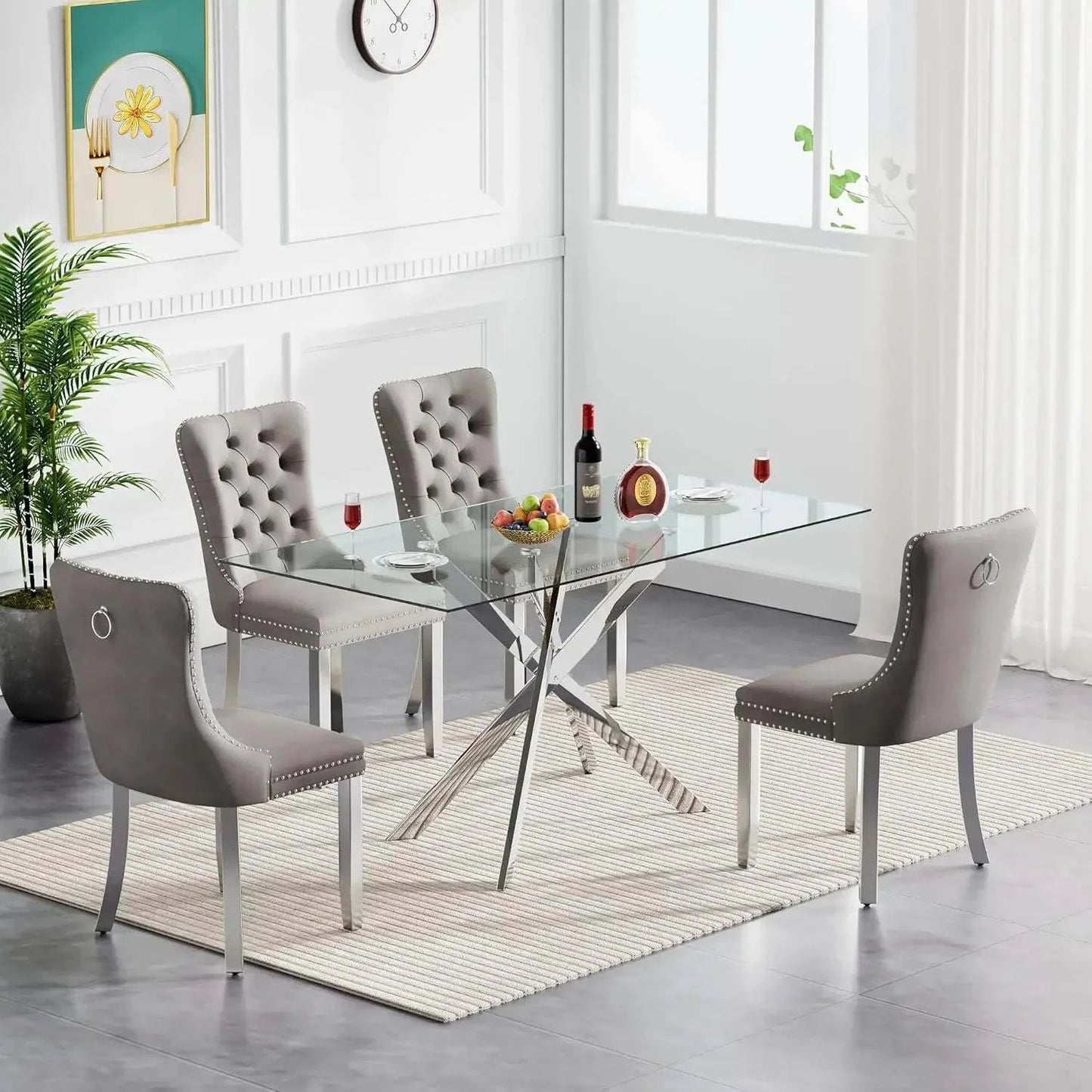 5-Piece Glass Dining Set 🍽️ | 51” Rectangular Table with Velvet ChairTransform your dining area with the 5-Piece Glass Dining Set 🍽️, featuring a stunning 51” rectangular tempered glass table paired with luxurious velvet chairs. PerfShop All I WantShop All I Want4