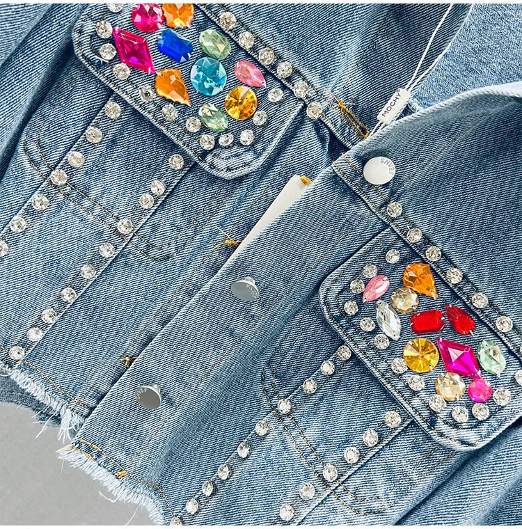 Colorful Diamond Denim Jacket: Trendy Tassel & Rivet Style! ✨