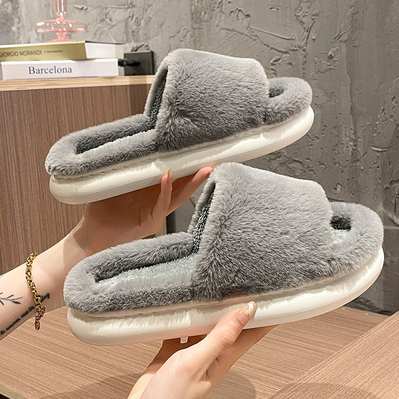 Shop All I Want grey / 36-37(fit 35-36) SHOP ALL I WANT Thick Fluffy Fur Slippers