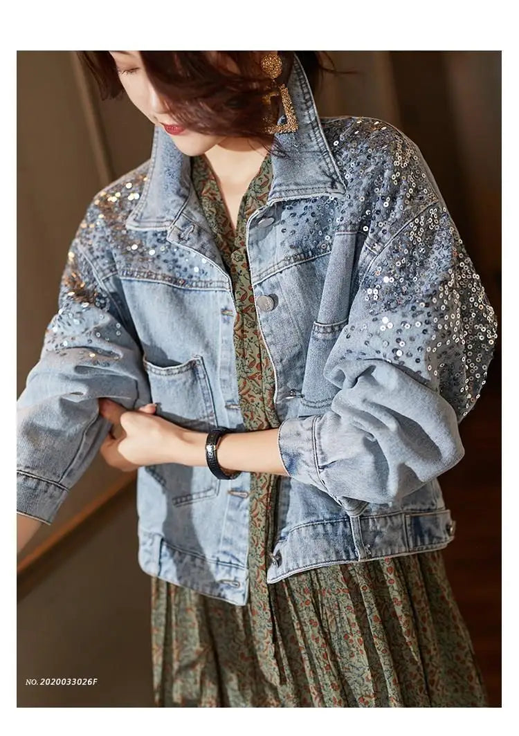 Women's Denim Coat Full Pearls & Beaded Crystal Long Sleeve Jacket 💎