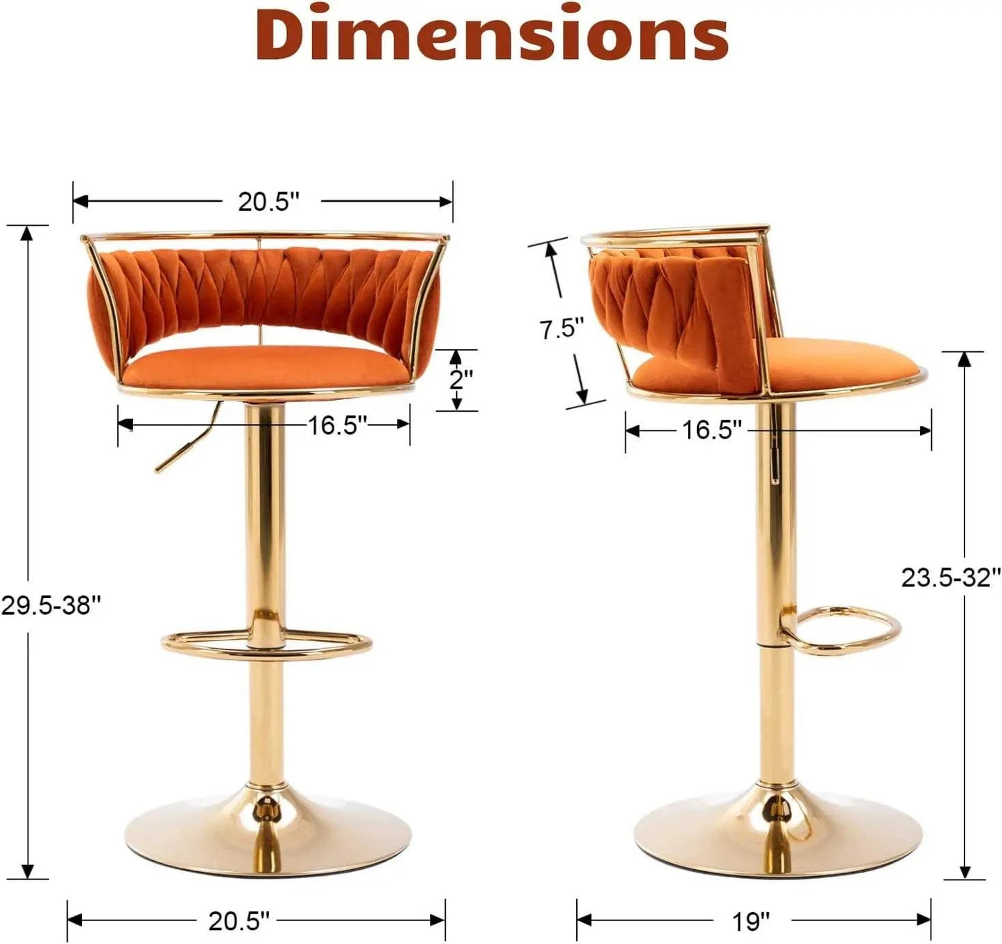 Bar Stools Set of 4, Adjustable Counter Height with Back, Solid Gold BAdd a pop of color and luxury to your space with this stunning set of four bar stools. The adjustable counter height feature and velvet upholstery provide both comfoShop All I WantShop All I WantBack, Solid Gold Base & Velvet Swivel, Orange 🍊