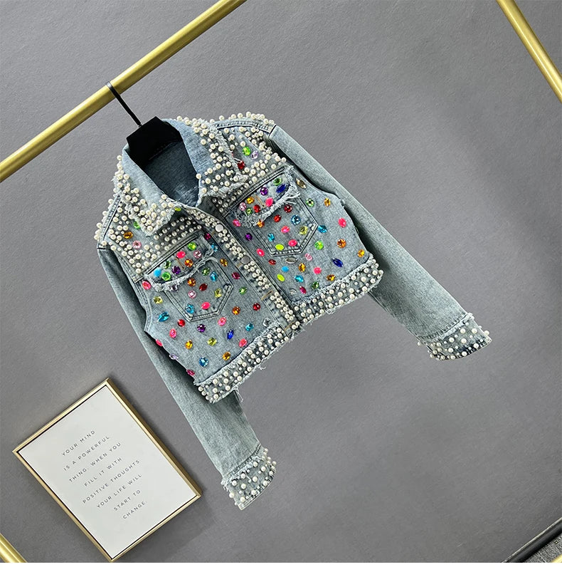 Women's Denim Coat Full Pearls & Beaded Crystal Long Sleeve Jacket 💎