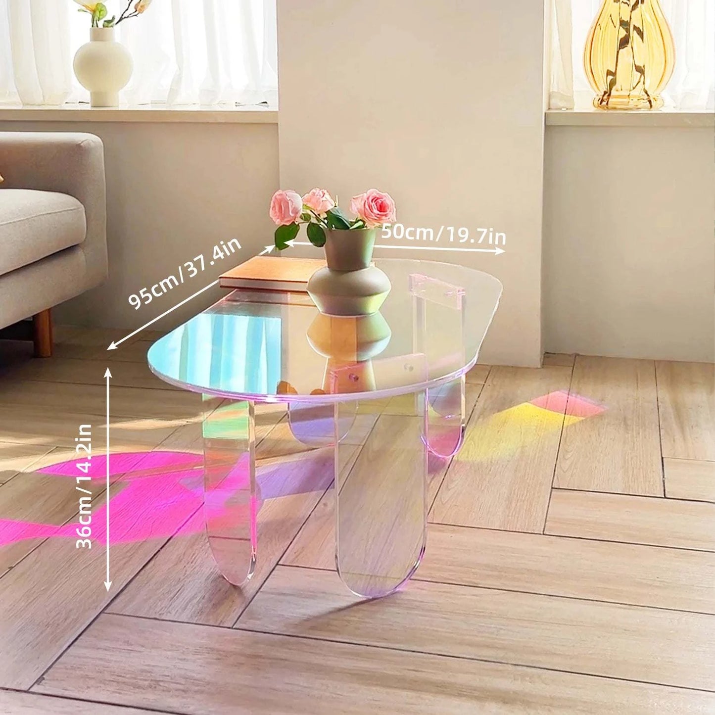 Acrylic Side Coffee Table- 37.4 in (L) x 19.7 in (W) x 14.2IN (H)Add a touch of modern elegance to your living space with this sleek acrylic side coffee table. Size: 37.4 x 19.7 x 14.2 inches. With its minimalist modern design, thShop All I WantShop All I WantAcrylic Side Coffee Table- 37