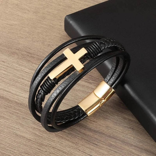 Shop All I Want A20248-Gold SHOP ALL I WANT Classic Cross Leather Bracelet for Men