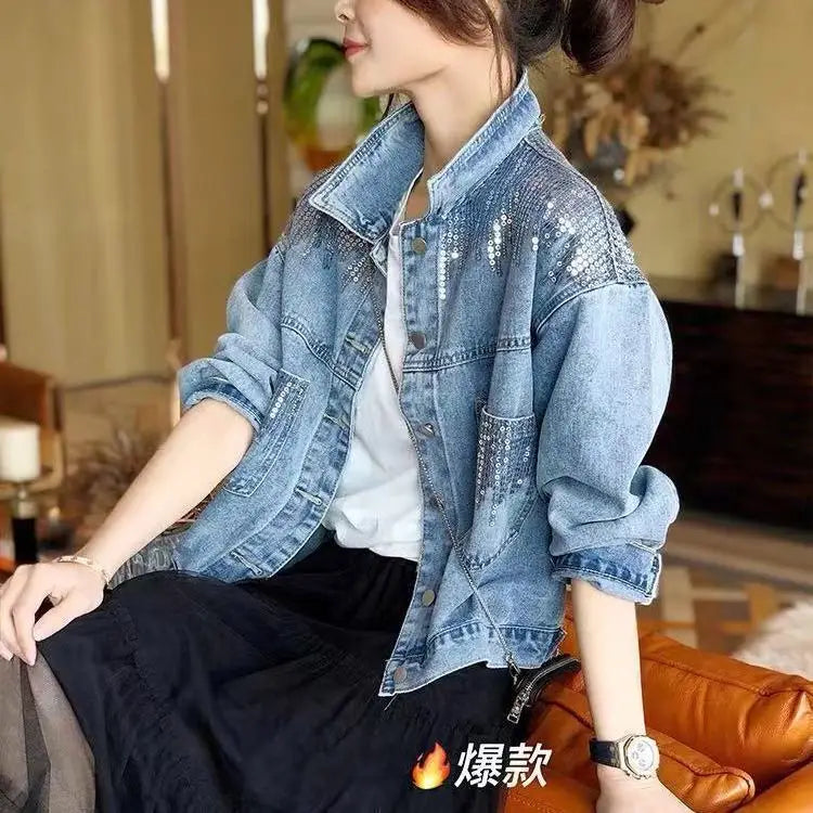 Women's Denim Coat Full Pearls & Beaded Crystal Long Sleeve Jacket 💎