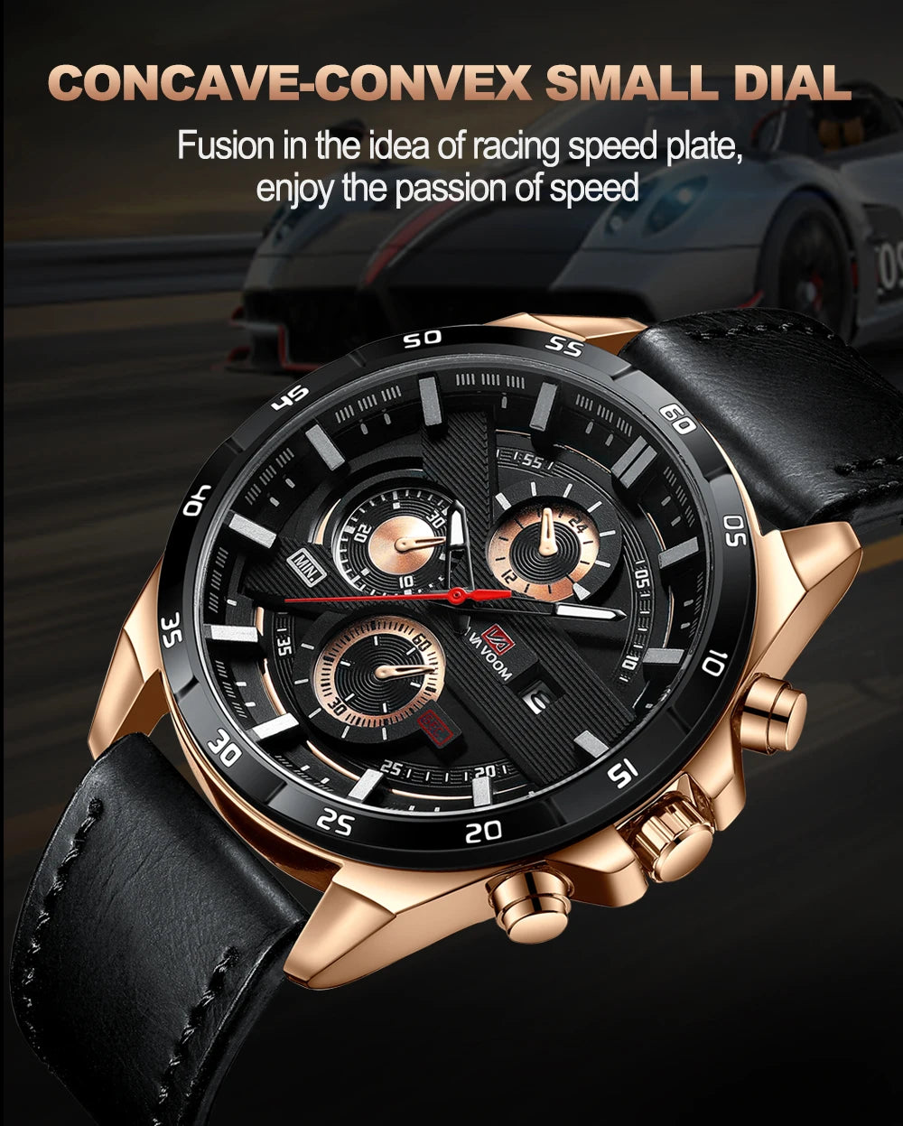 Men’s Sports Style Watch – 46mm Large Leather Racing Quartz Watch with Calendar Function in Black and Rose Gold 🌟⌚