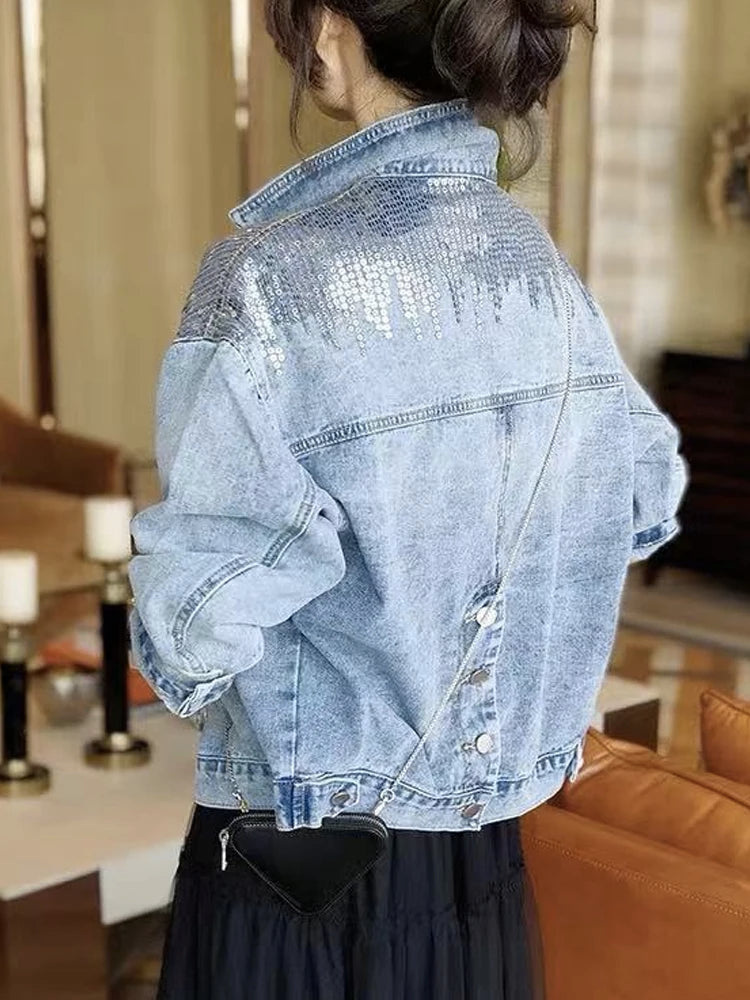 Women's Denim Coat Full Pearls & Beaded Crystal Long Sleeve Jacket 💎