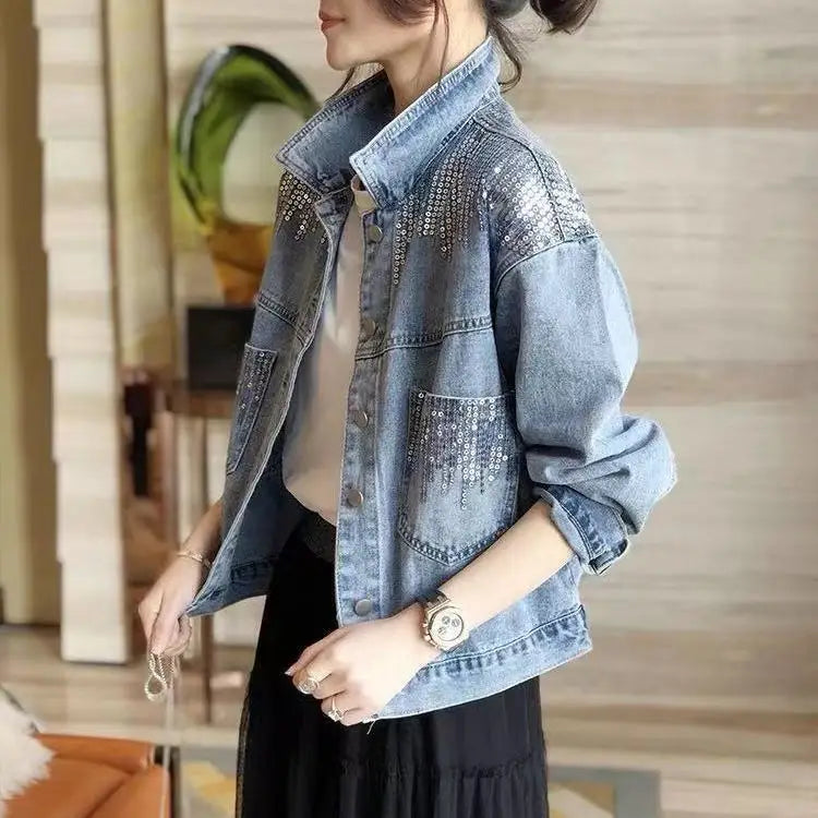 Women's Denim Coat Full Pearls & Beaded Crystal Long Sleeve Jacket 💎