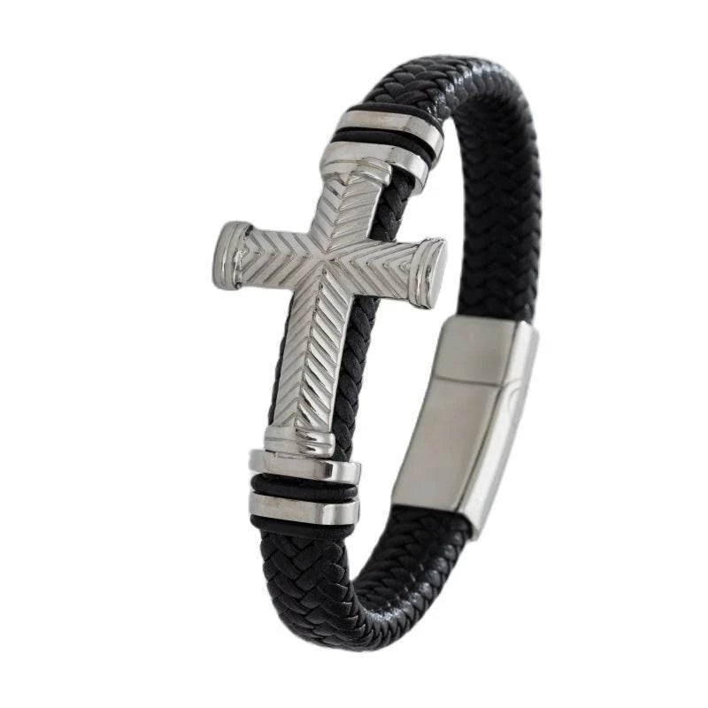 Shop All I Want A14807-Silver SHOP ALL I WANT Classic Cross Leather Bracelet for Men