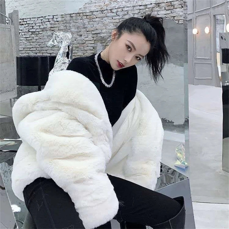 Hooded Faux Rabbit Fur Jacket – Loose Thicken Plush Coat for Women, Luxury Winter Furry Chaquetas ❄️✨