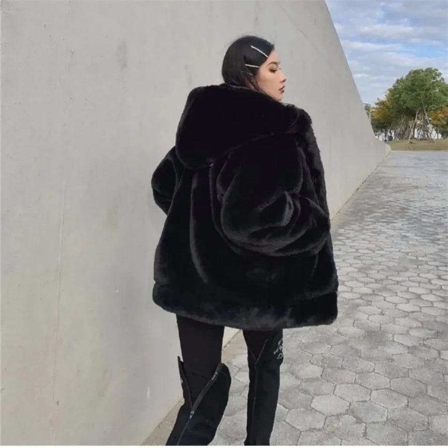 Hooded Faux Rabbit Fur Jacket – Loose Thicken Plush Coat for Women, Luxury Winter Furry Chaquetas ❄️✨