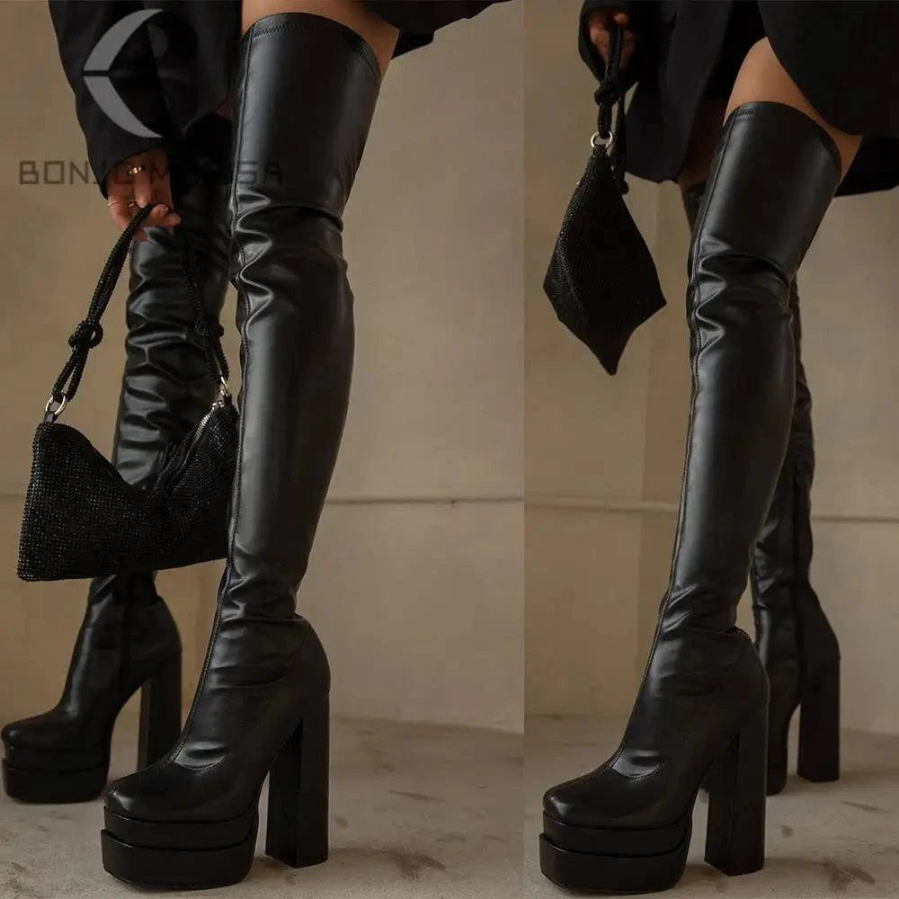 Shop All I Want Black / 10.5 SHOP ALL I WANT Thigh High Block Heel Boots