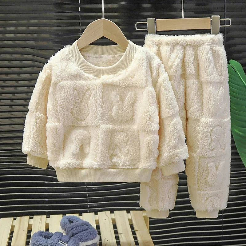 Shop All I Want beige / 90 2T SHOP ALL I WANT 👶 Kids Cotton Clothing Set – Autumn/Winter Fleece Top & Pants, Warm Cartoon Outfit for Boys & Girls (1-6 Years) 🌟