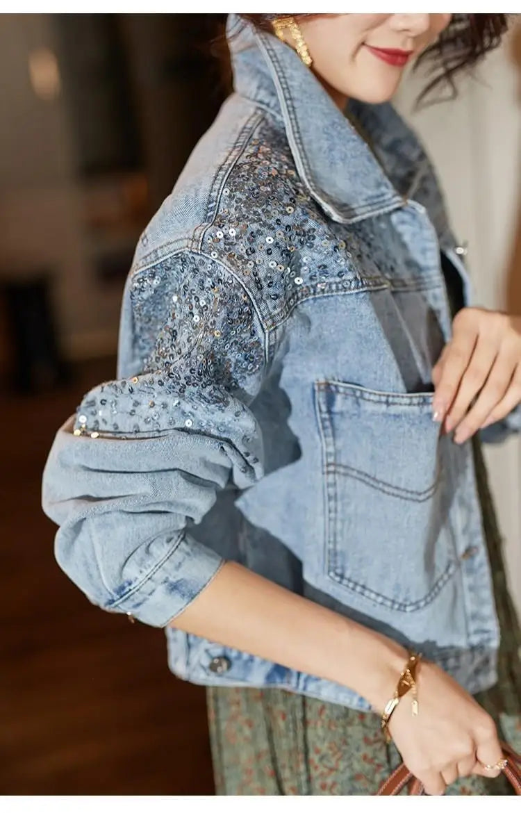 Women's Denim Coat Full Pearls & Beaded Crystal Long Sleeve Jacket 💎