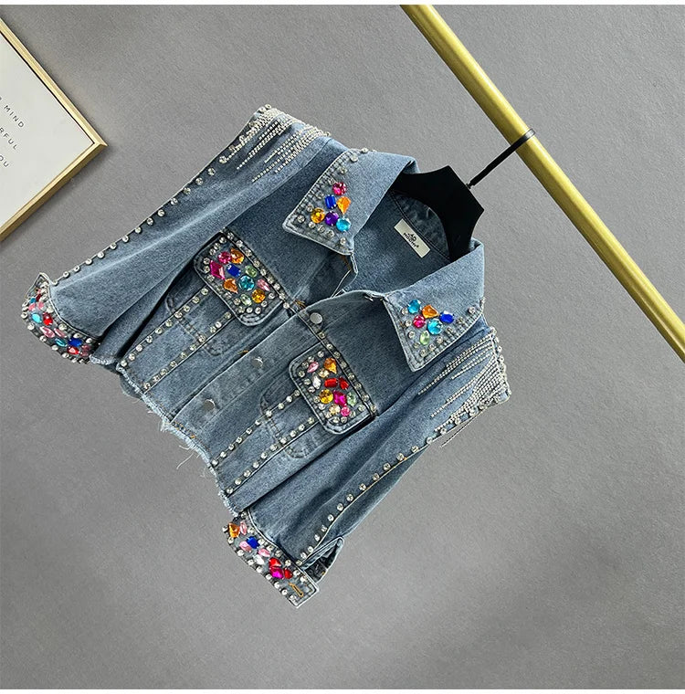 Colorful Diamond Denim Jacket: Trendy Tassel & Rivet Style! ✨