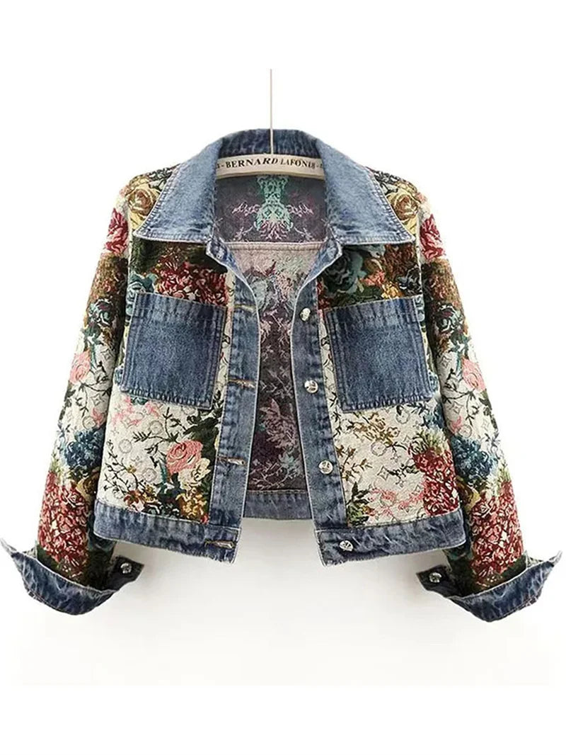 Print Denim Jacket for Women | Splicing Long Sleeve Fashion Coat 🌼