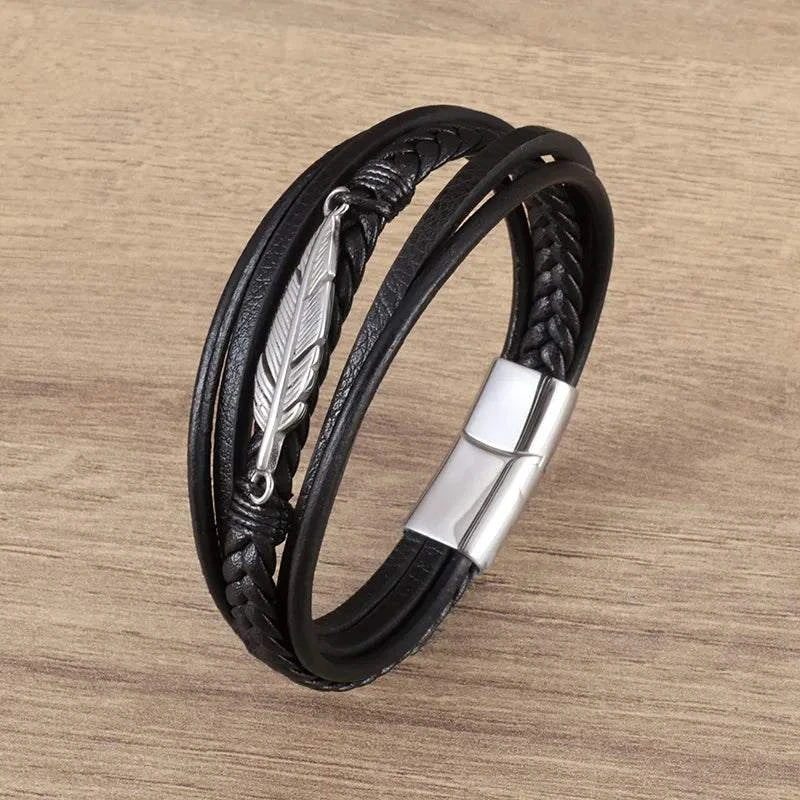 Shop All I Want 11154-Silver SHOP ALL I WANT Classic Cross Leather Bracelet for Men