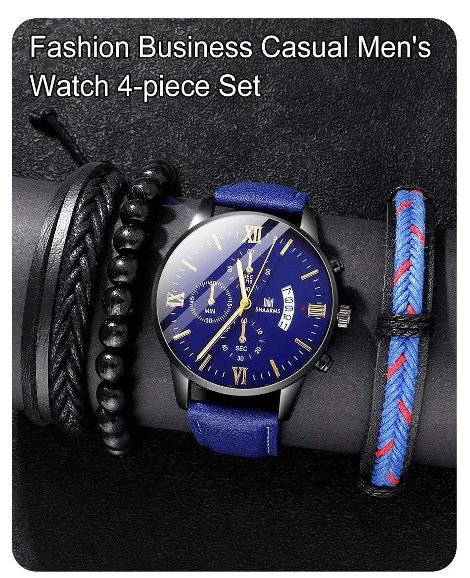 Shop All I Want Shop All I Want 🕶️ 4pcs Men's Watch Set – Fashion Leather Band, Calendar & Military Sport Quartz Watches 🎁