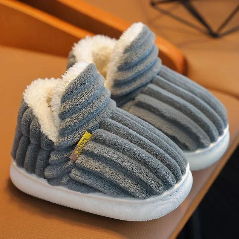 Shop All I Want GRAY / 32-33 Shop All I Want ❄️ New Winter Stripe Plush Slippers – Non-Slip, Soft Sole, Warm Cotton Shoes for Kids, Boys & Girls 🌟