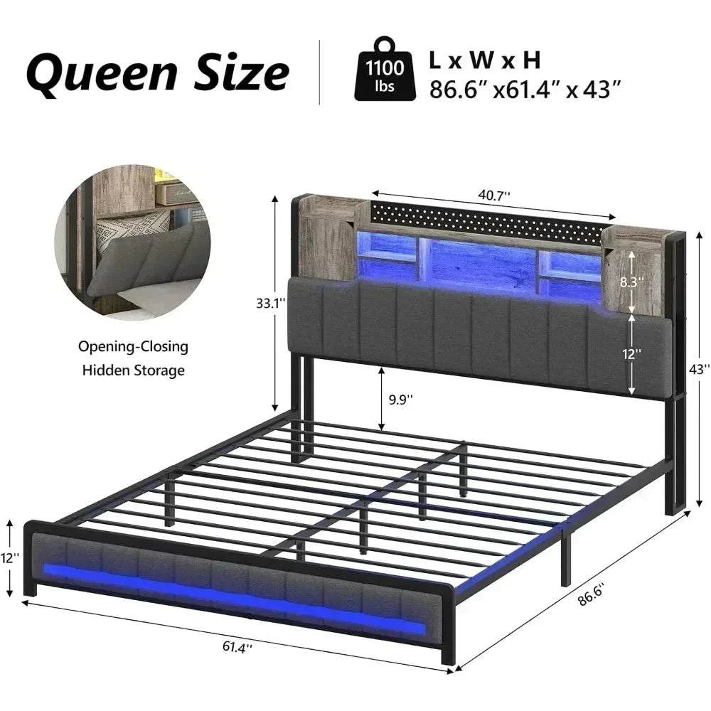 Bed Frame with 3-Tier Headboard, 2 Hidden Storage LED Lights & PlatforTransform your bedroom with this sleek bed frame featuring a 3-tier headboard for ample storage and a modern design. With built-in LED lights, you can easily create Shop All I WantShop All I WantBed Frame