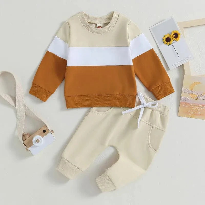 Shop All I Want Shop All I Want 👶 Newborn Baby Boy Pant Set – Autumn 2-Piece Outfit, Contrast Color Sweatshirt & Elastic Pants 🌟