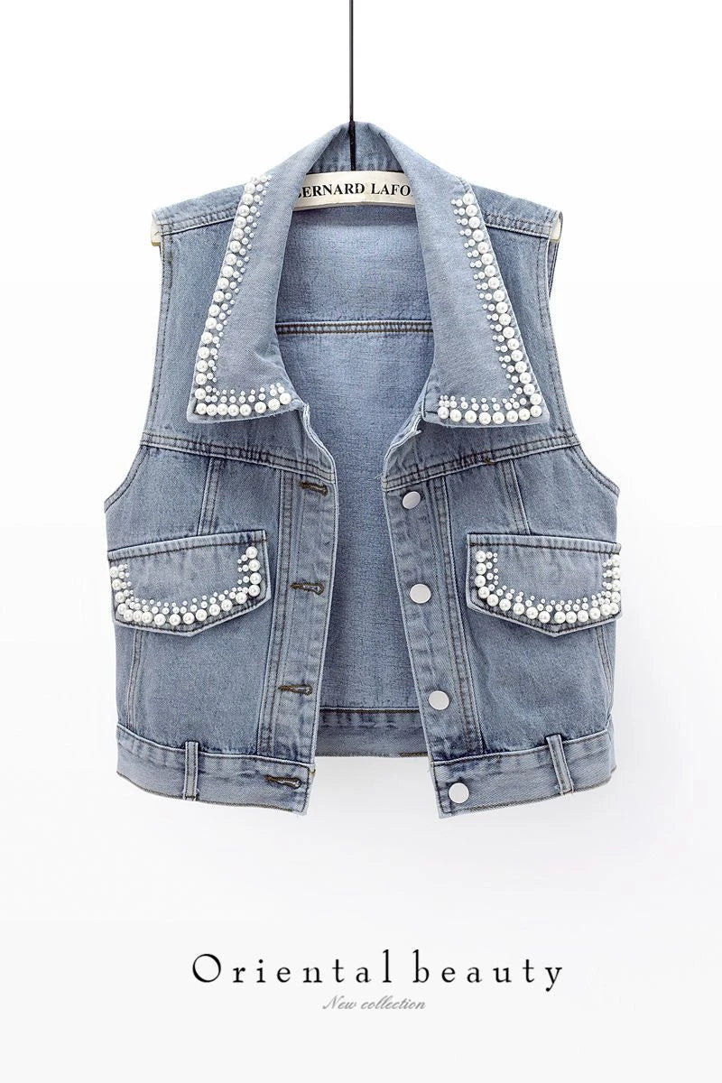 Women's Slim Denim Waistcoat – Beaded Pearls Spring Vibes ✨👖