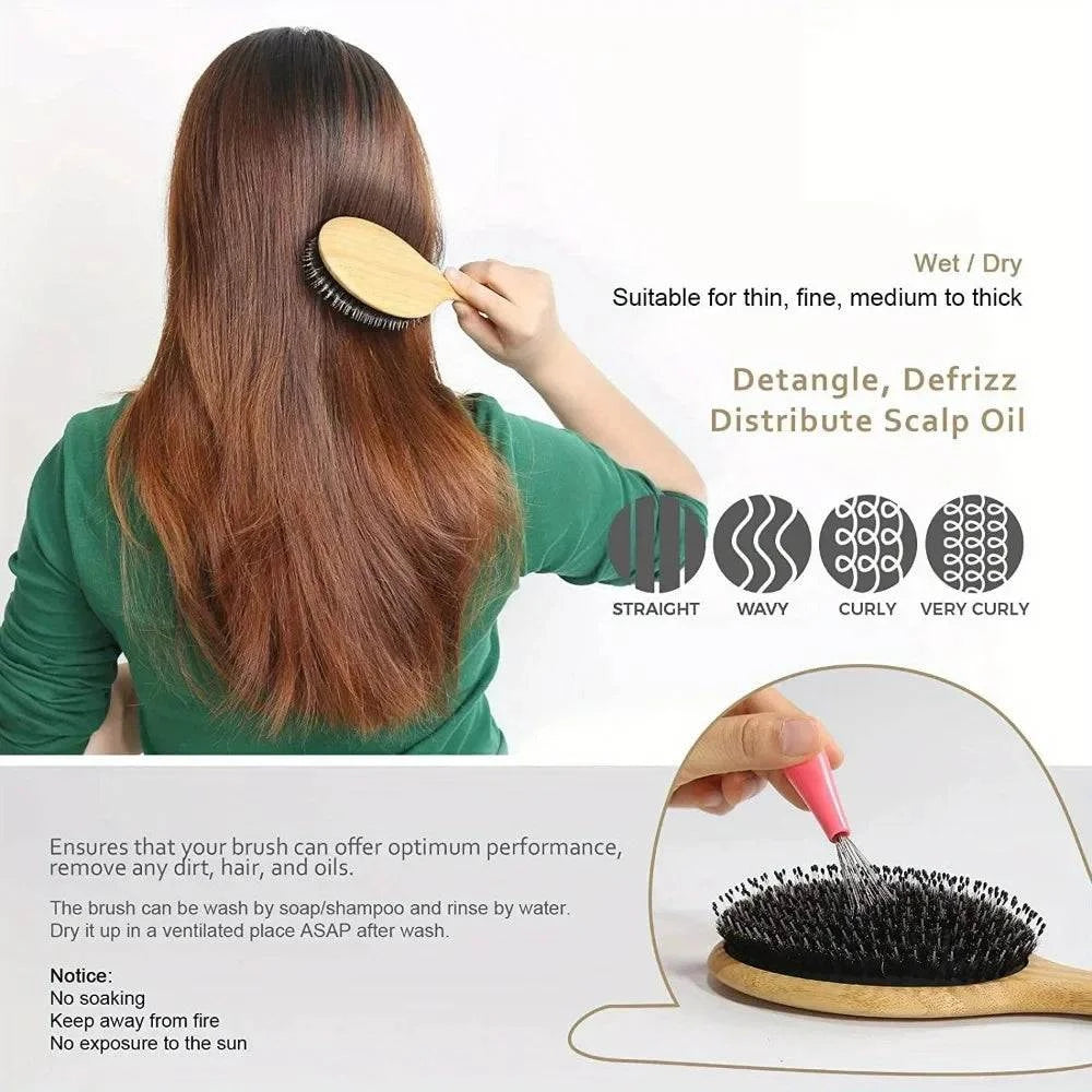 Shop All I Want Shop All I Want 💆‍♀️ Natural Boar Bristle Hair Brush – Bamboo Handle, Anti-Static, Scalp Massage & Detangling Styling Tool 🌟