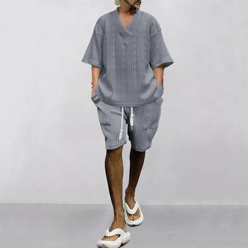 New Summer Men's Set – Loose Casual Sports Suit, High-Quality Cotton Jacquard V-Neck Short-Sleeved Top & Shorts 👕☀️