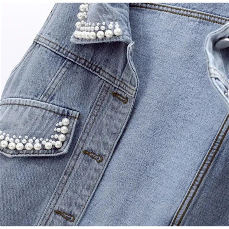 Women's Slim Denim Waistcoat – Beaded Pearls Spring Vibes ✨👖