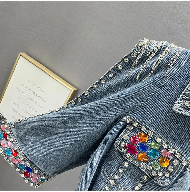 Colorful Diamond Denim Jacket: Trendy Tassel & Rivet Style! ✨