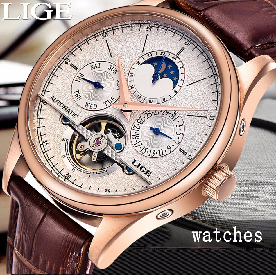 LIGE Men’s Automatic Mechanical Watch – Tourbillon Clock with Genuine Leather Strap, Waterproof Military Wristwatch ⌚🌟