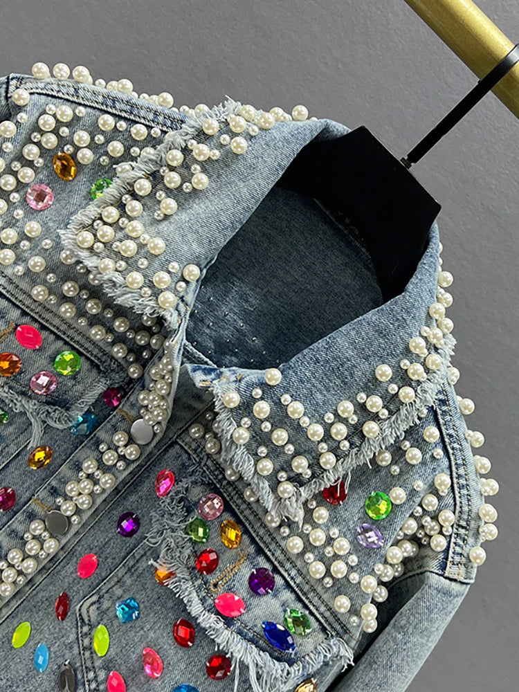 Women's Denim Coat Full Pearls & Beaded Crystal Long Sleeve Jacket 💎