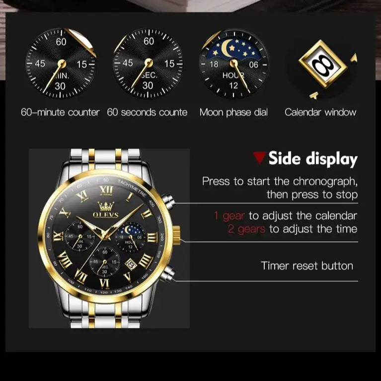 Top Luxury Brand Men's Watch – Waterproof Luminous Stainless Steel Lunar Phase Timing Quartz Watch ⌚🌙