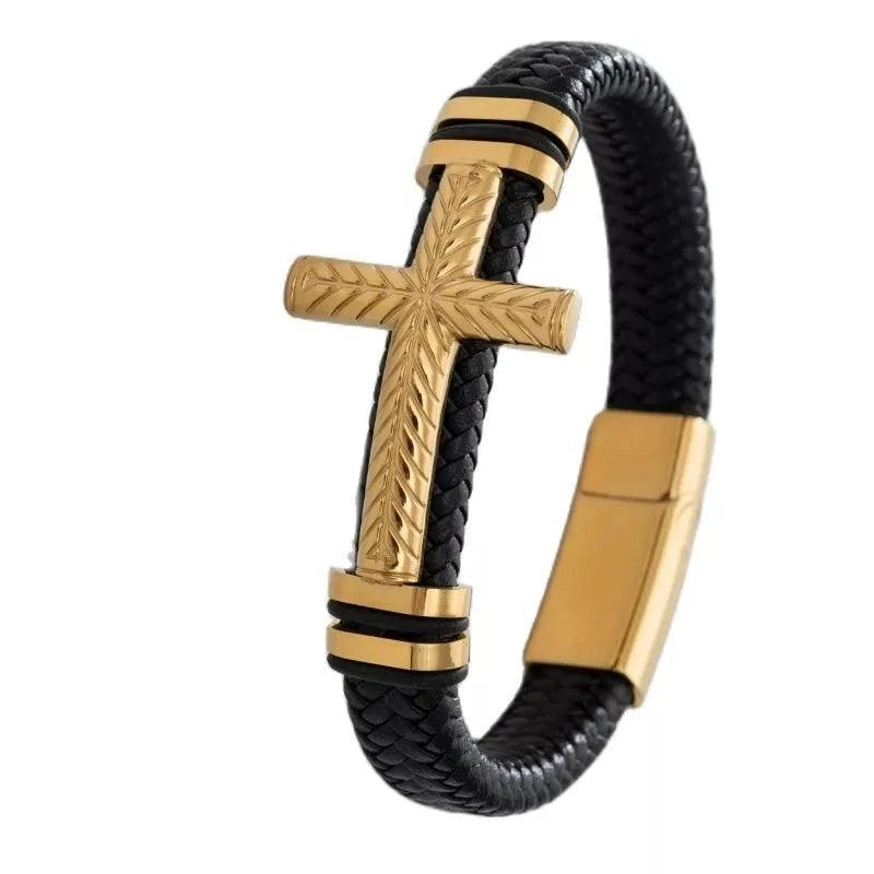 Shop All I Want A14807-Gold SHOP ALL I WANT Classic Cross Leather Bracelet for Men