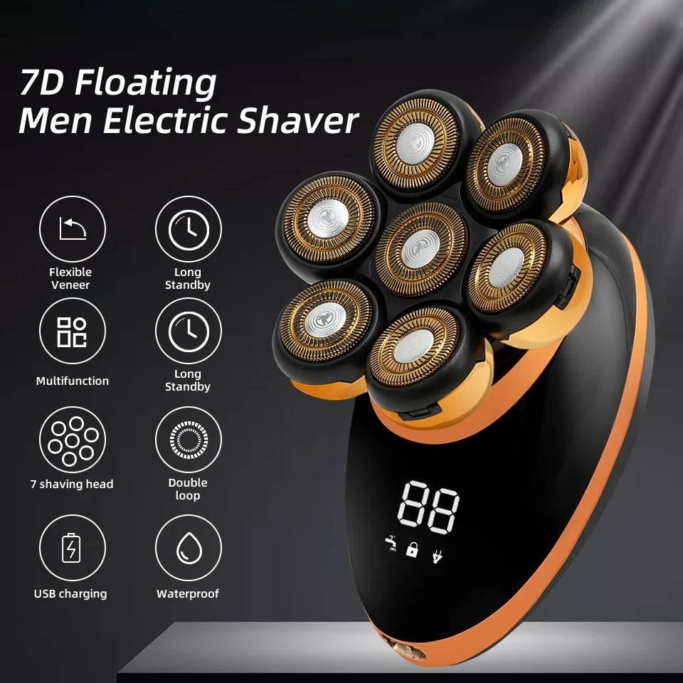 Men's 7D Floating Electric Shaver – Wet/Dry Rechargeable Razor with Bald Head Trimmer & LCD Display ⚡️🪒