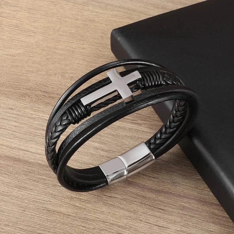 Shop All I Want A20248-Silver SHOP ALL I WANT Classic Cross Leather Bracelet for Men