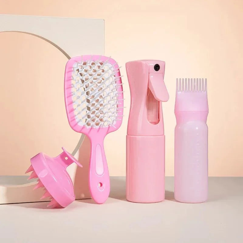 Shop All I Want Pink Shop All I Want 💆‍♂️ 4pcs Silicone Scalp Massage Comb Set – Detangling Brush, Hair Dye Applicator & Spray Bottle 🌟