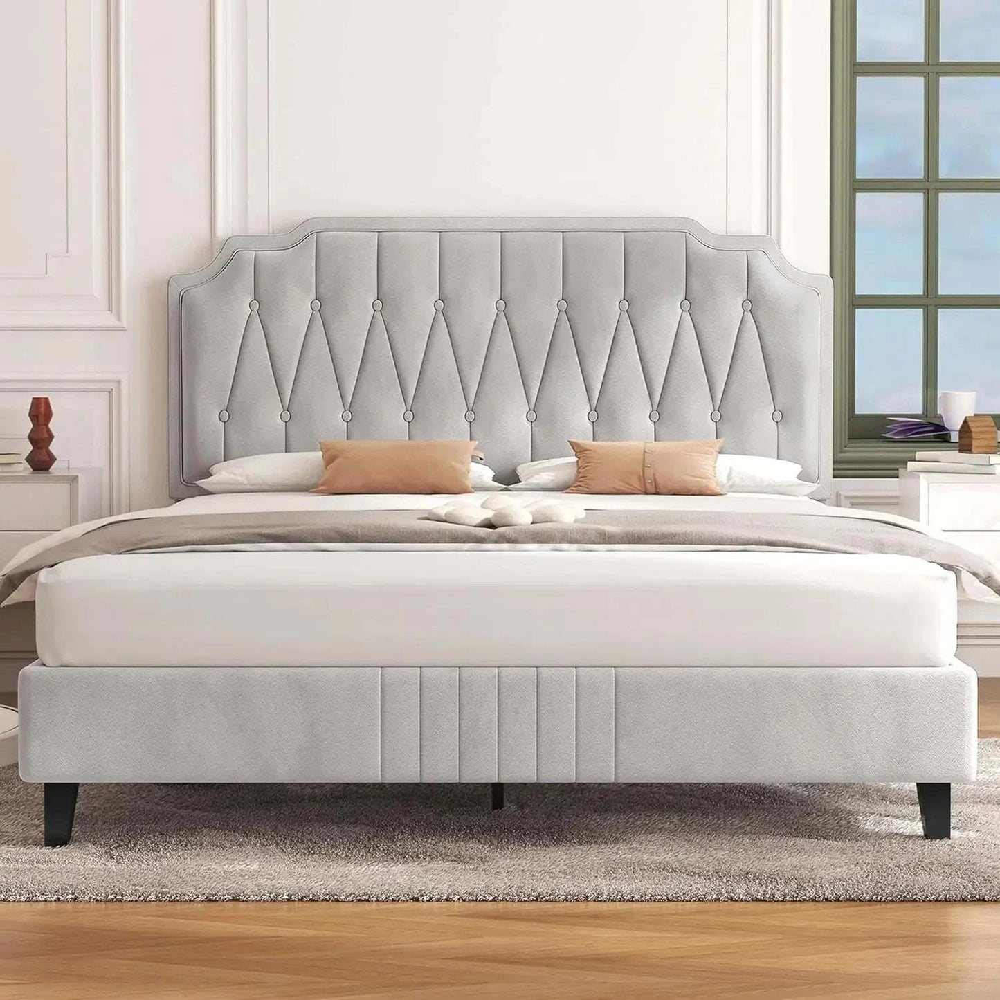 Bed Frame with Curved, Height-Adjustable Headboard & Noise-Free WoodenTransform your bedroom into a serene retreat with this modern bed frame, featuring a curved, height-adjustable headboard for ultimate comfort and style. The velvet fShop All I WantShop All I WantBed Frame