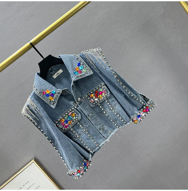 Colorful Diamond Denim Jacket: Trendy Tassel & Rivet Style! ✨