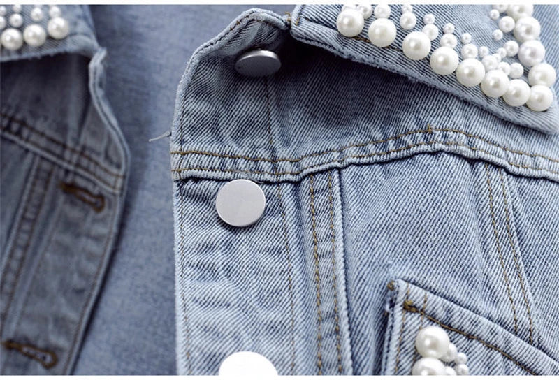 Women's Slim Denim Waistcoat – Beaded Pearls Spring Vibes ✨👖