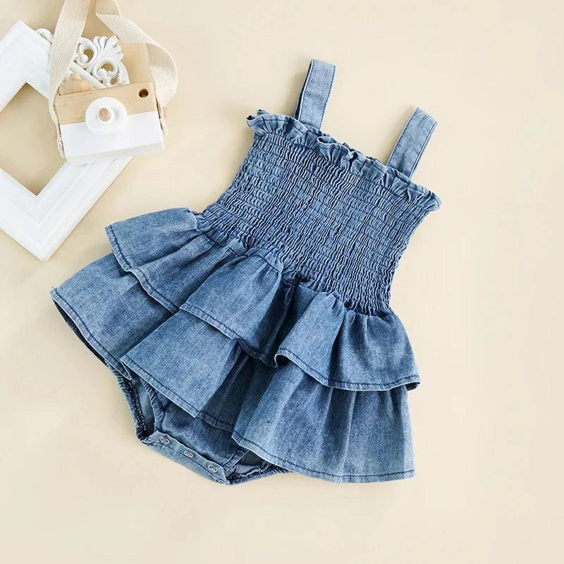 Shop All I Want Shop All I Want 🌸 Baby Summer Denim Romper – Sleeveless, Ruffle Hem, Suspender Design with Snap Buttons, Cute Jumpsuit 👶