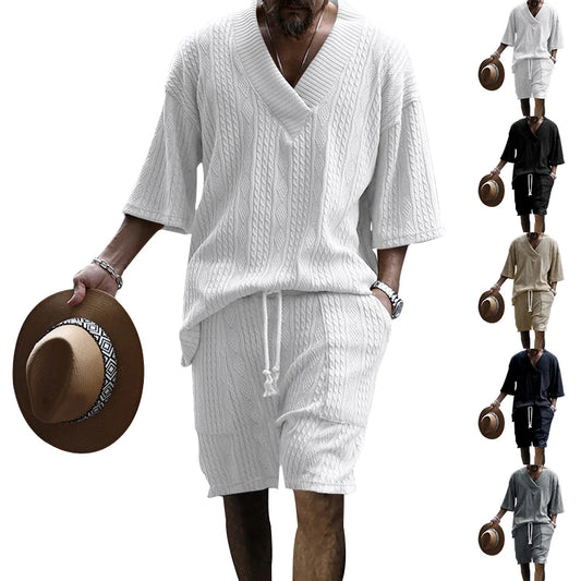 New Summer Men's Set – Loose Casual Sports Suit, High-Quality Cotton Jacquard V-Neck Short-Sleeved Top & Shorts 👕☀️