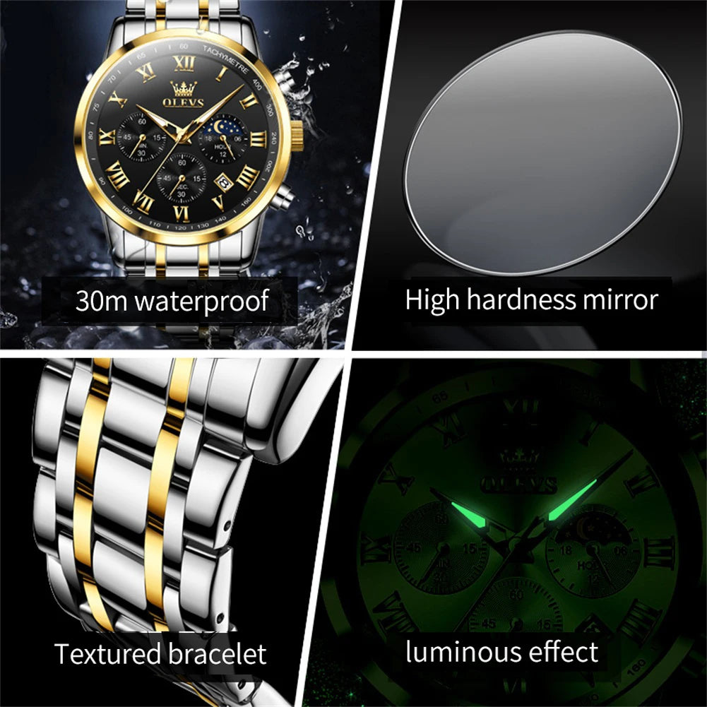 Top Luxury Brand Men's Watch – Waterproof Luminous Stainless Steel Lunar Phase Timing Quartz Watch ⌚🌙