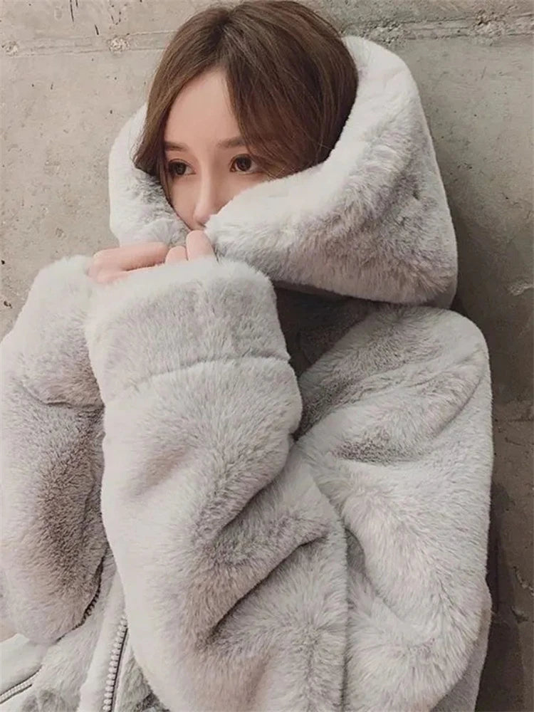 Hooded Faux Rabbit Fur Jacket – Loose Thicken Plush Coat for Women, Luxury Winter Furry Chaquetas ❄️✨